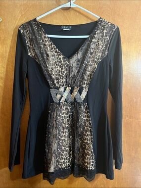 VENUS Black Long Sleeve Top with Brown Leopard Panels & Rhinestone Waist Bundle